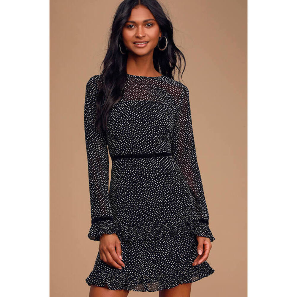 Lulus Floral To See Black Polka Dot Long Sleeve Mini Dress - Size S